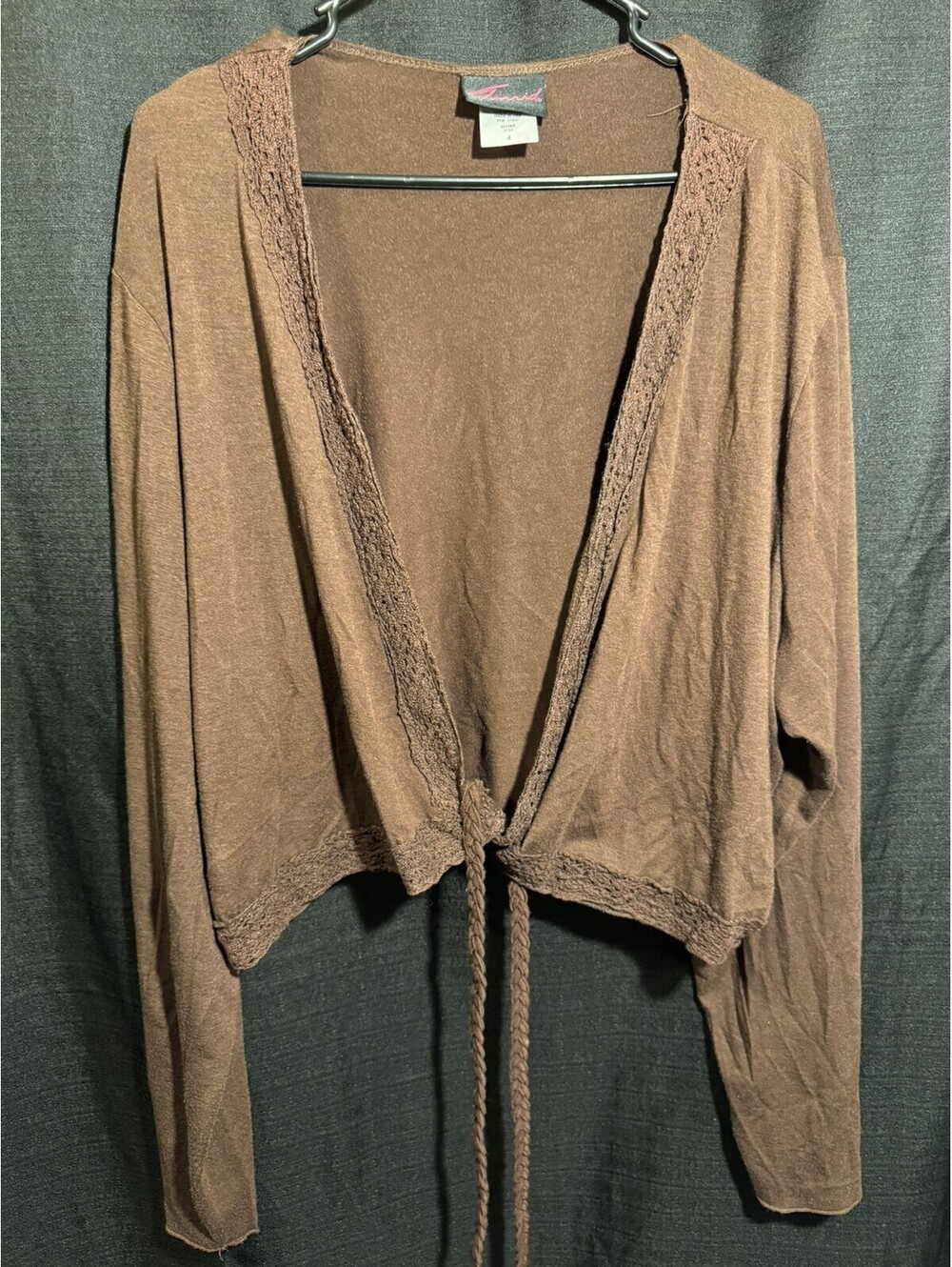 Vintage Torrid Brown Crop Cardigan Size 4 4X Tie Front Crochet Made USA